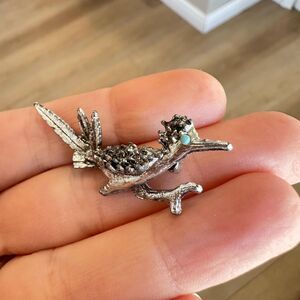 Vintage Small Silver Tone and Turquoise Bird Road Runner Brooch Pin